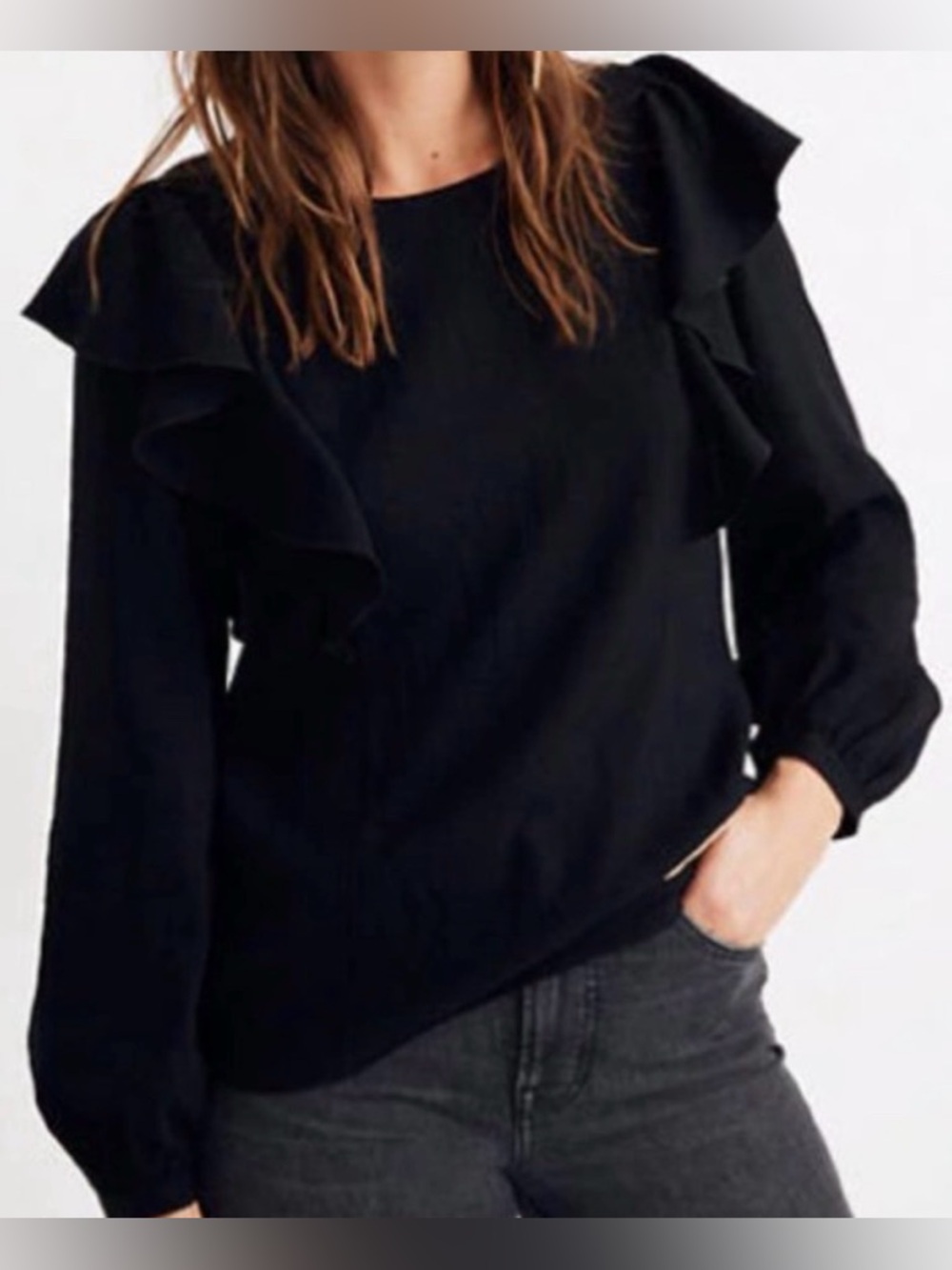 Madewell Ruffle Front Black Top Blouse NWT Size Large